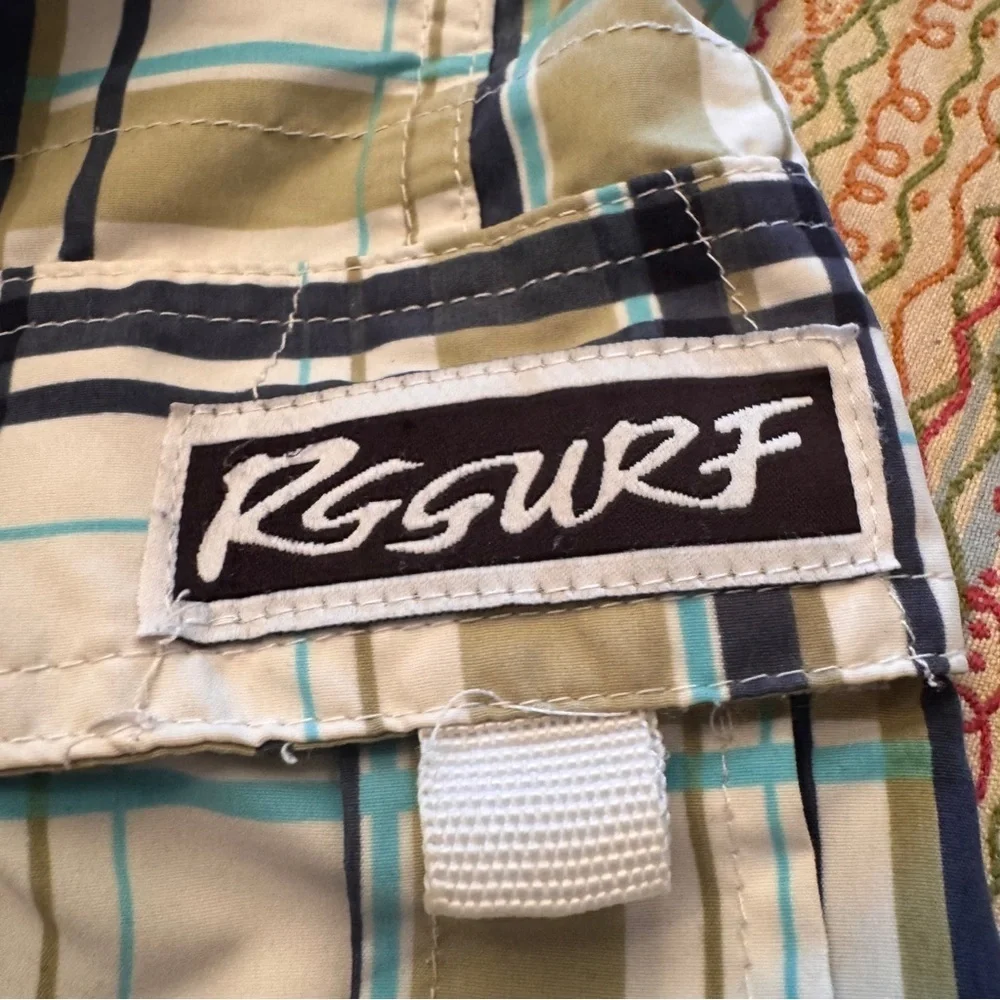 RS Surf Boys Swim Trunks Board Shorts Green White Plaid Lined Tie Waist Size 5